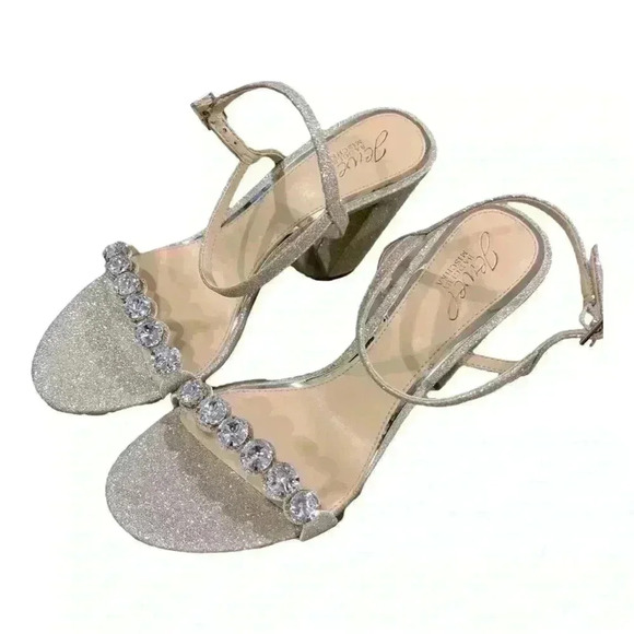 Jewel Badgley Mischka Silve/Gold Big Rhinestone Front Block Heels Women’s Size 6 - Picture 3 of 8